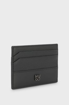 Leather card holder with stacked-logo trim, Black