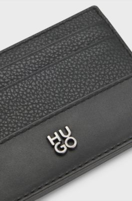Leather card holder with stacked-logo trim, Black