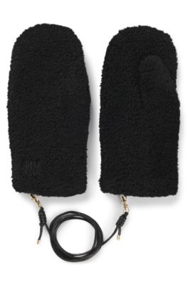 Teddy mittens with faux-leather cord, Black