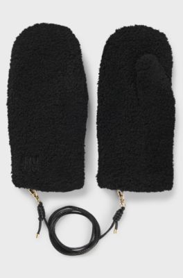 Moufles en peluche avec cordon en similicuir, Noir