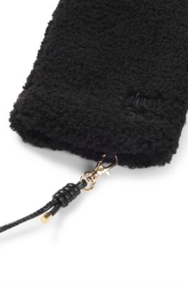 Teddy mittens with faux-leather cord, Black