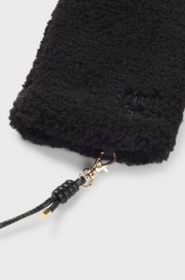 Moufles en peluche avec cordon en similicuir, Noir