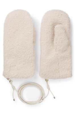 Teddy mittens with faux-leather cord, Natural