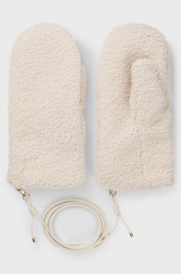 Teddy mittens with faux-leather cord, Natural