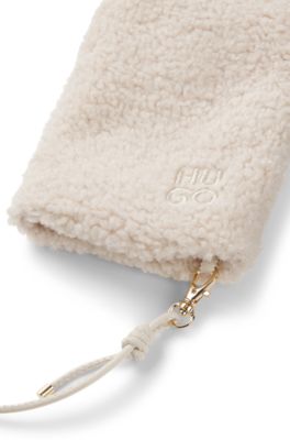 Teddy mittens with faux-leather cord, Natural