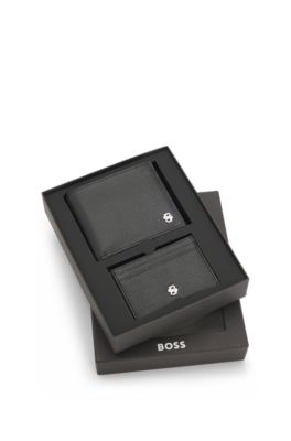 Leather wallet and card holder set with Double B monograms, Black