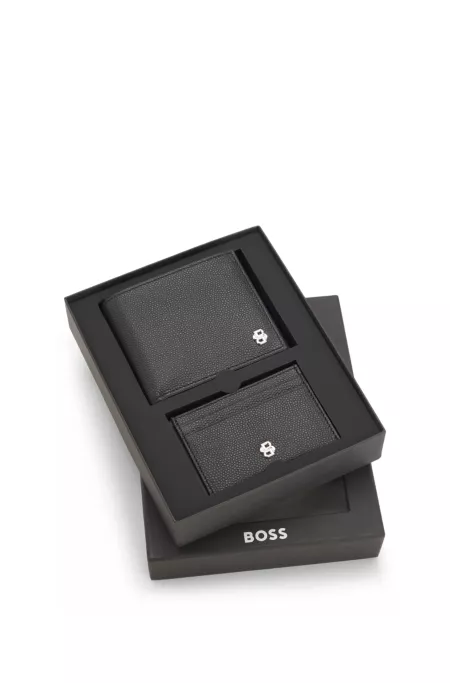 Leather wallet and card holder set with Double B monograms