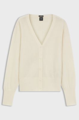 Relaxed fit-kofta av kashmir med ribbade kanter, Vit