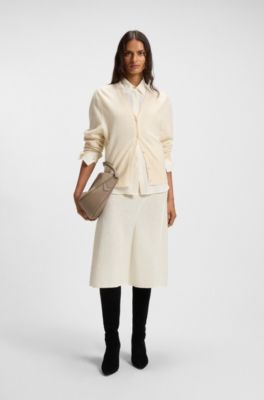 Cardigan relaxed fit in cashmere con rifiniture a coste, Bianco