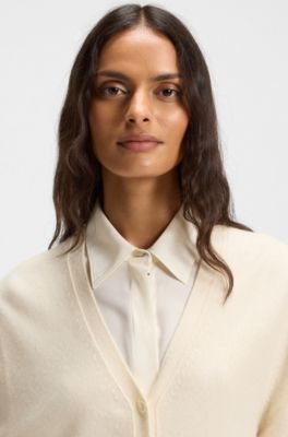 Relaxed-fit cardigan in cashmere with ribbed trims, Natural