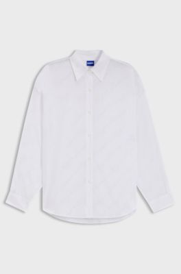 Oversized-fit blouse with burnout logo print, White Patterned