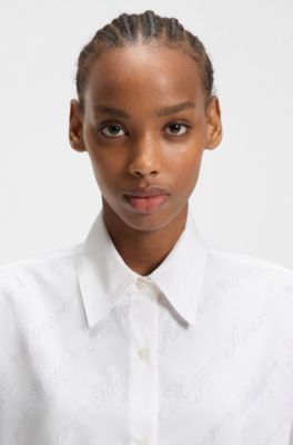 Oversized-fit blouse with burnout logo print, White Patterned