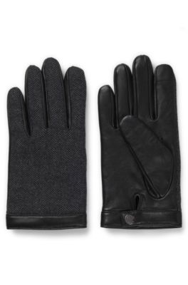 Nappa-leather gloves with herringbone wool-blend front, Black