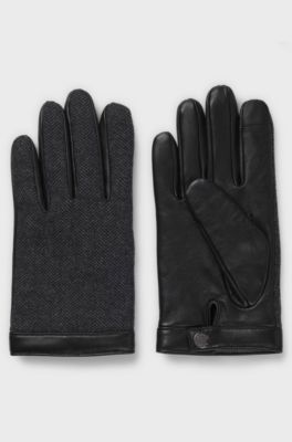 Nappa-leather gloves with herringbone wool-blend front, Black