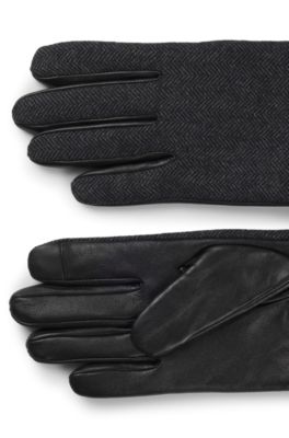 Nappa-leather gloves with herringbone wool-blend front, Black