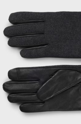 Nappa-leather gloves with herringbone wool-blend front, Black