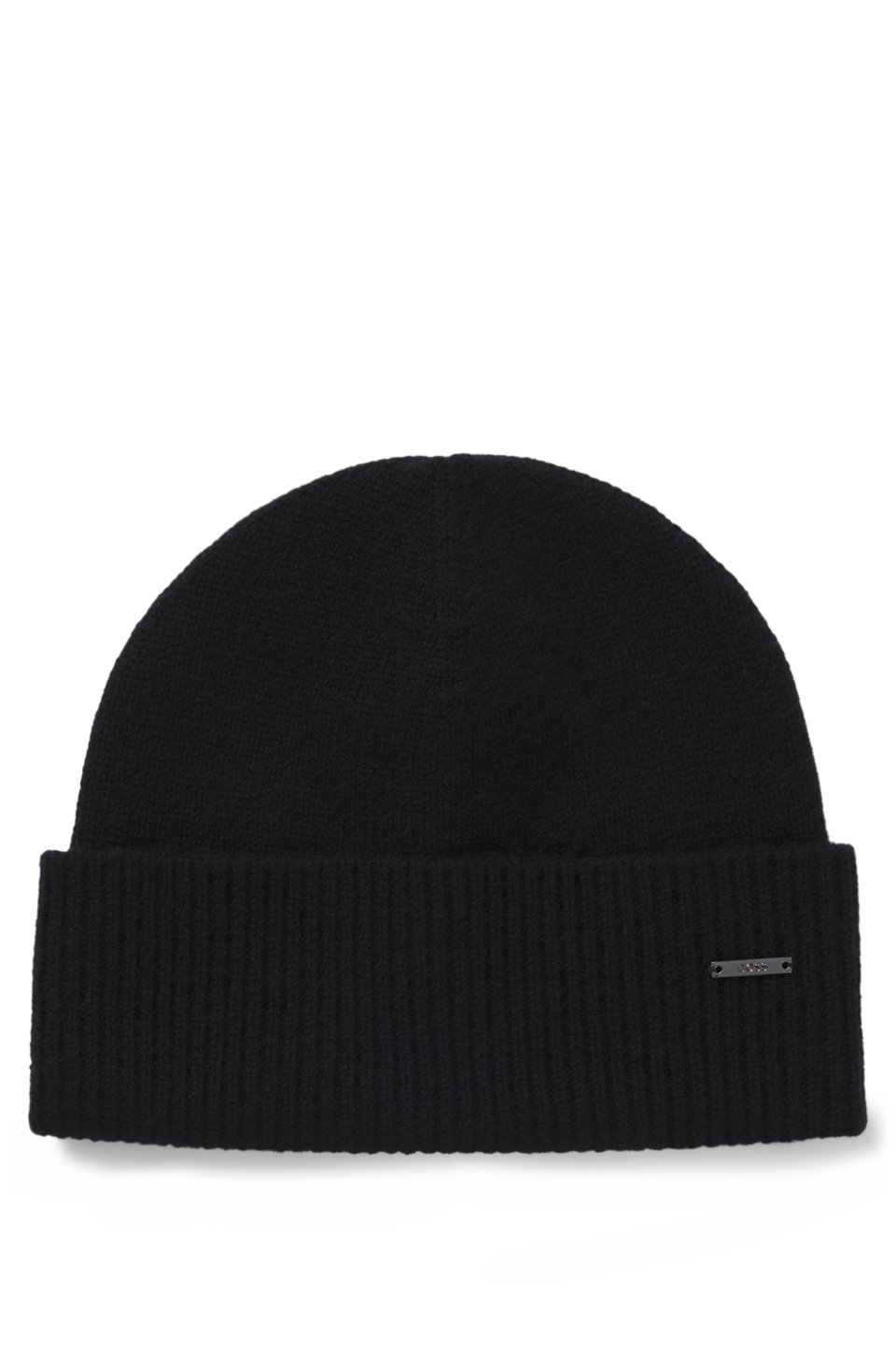 Knitted cashmere beanie with metal logo plaque