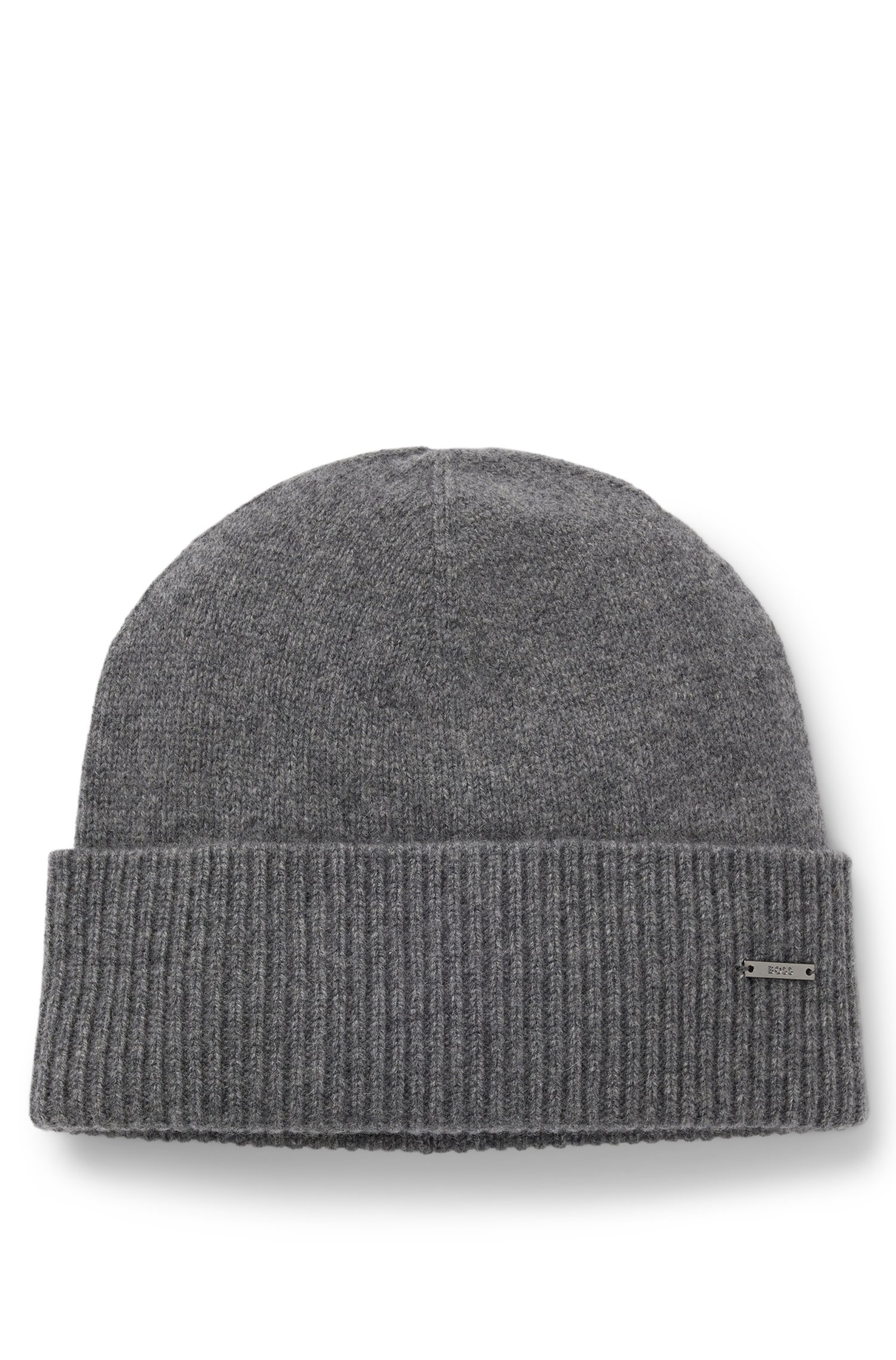 Boss Knitted cashmere beanie with metal logo plaque mössor herr
