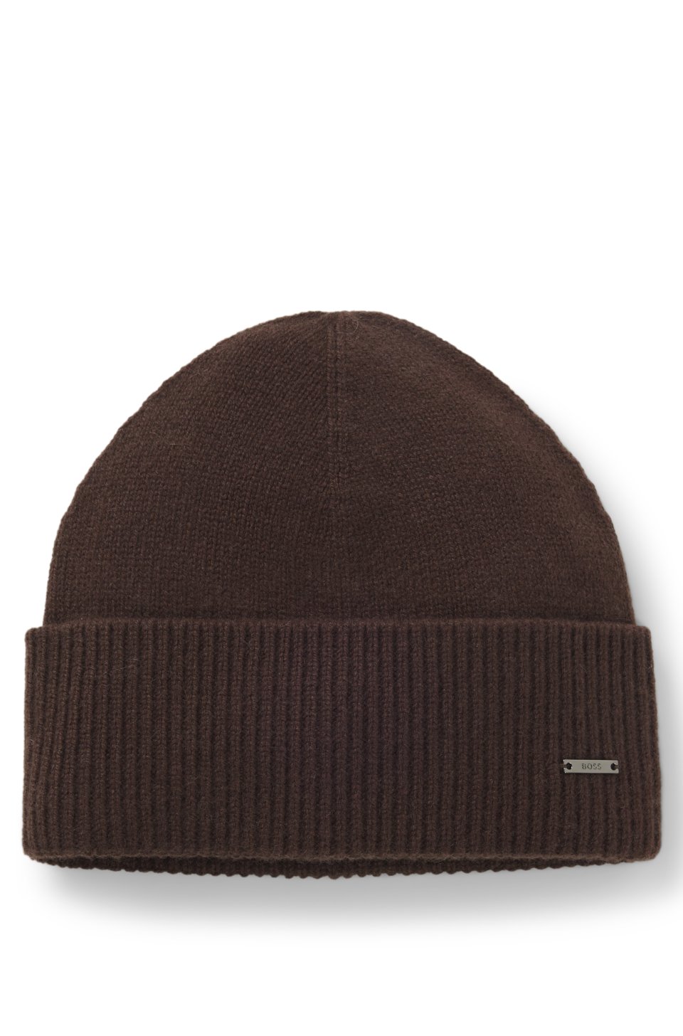 Knitted cashmere beanie with metal logo plaque