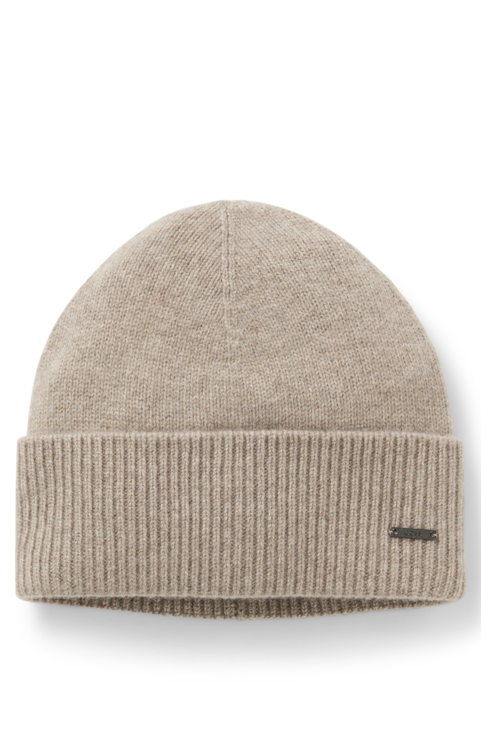 Knitted cashmere beanie with metal logo plaque