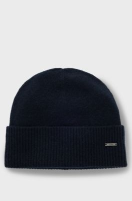 Cashmere beanie hat with logo plaque, Dark Blue