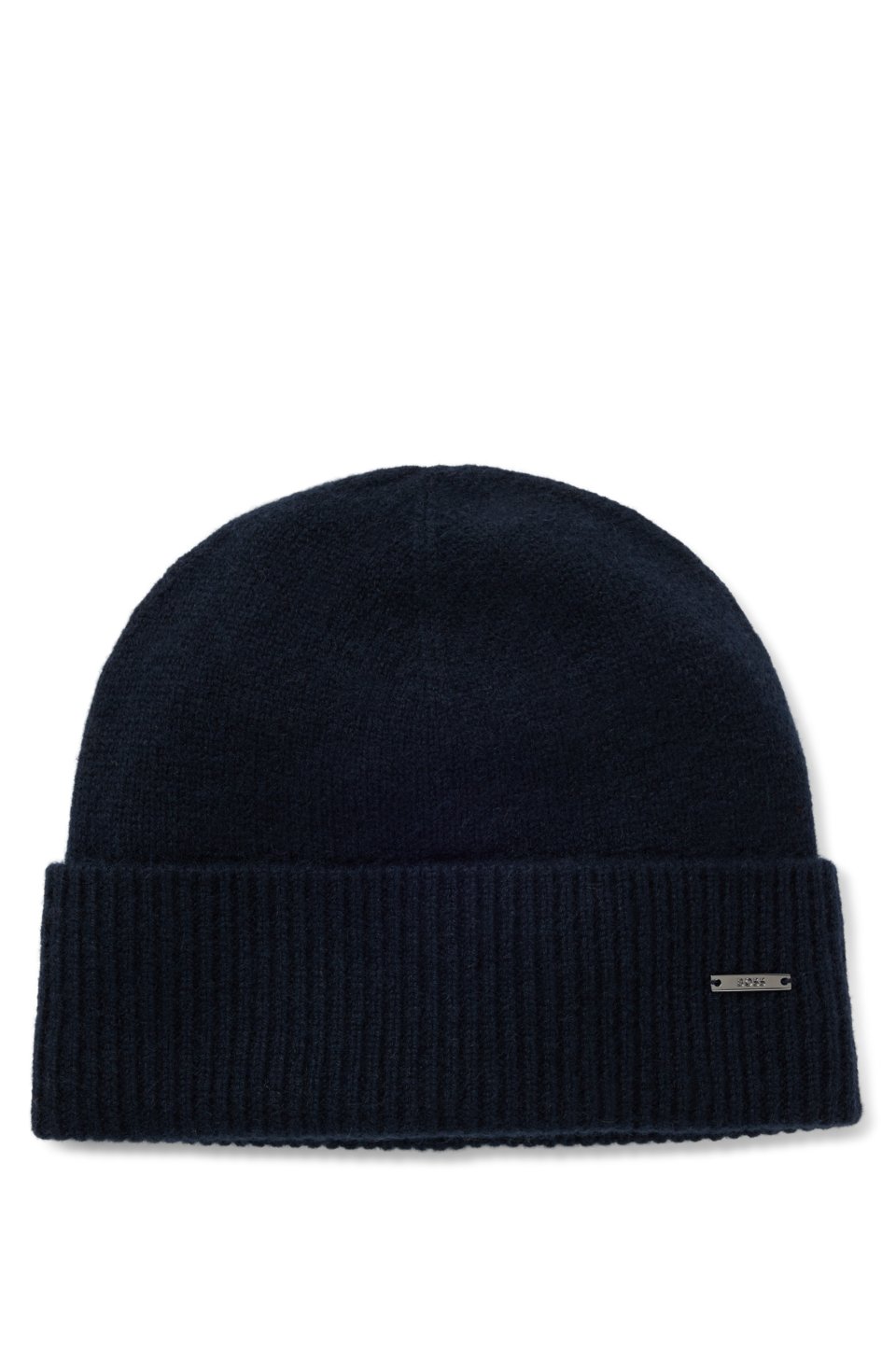 Knitted cashmere beanie with metal logo plaque