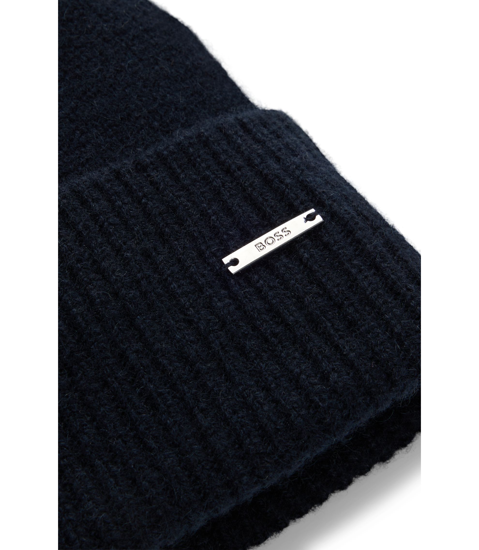 BOSS - Cashmere beanie hat with logo plaque - Dark Blue
