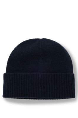 Cashmere beanie hat with logo plaque, Dark Blue