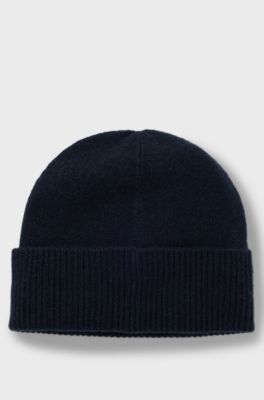 Cashmere beanie hat with logo plaque, Dark Blue