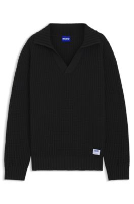 Oversized-fit waffle-structured sweater with Johnny collar, Black