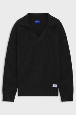 Oversized-fit waffle-structured sweater with Johnny collar, Black
