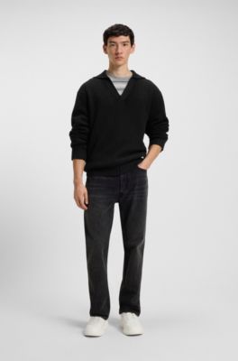 Oversized-fit waffle-structured sweater with Johnny collar, Black