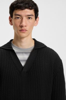 Oversized-fit waffle-structured sweater with Johnny collar, Black