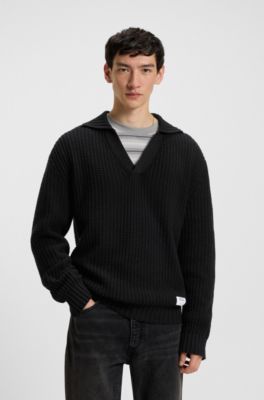 Oversized-fit waffle-structured sweater with Johnny collar, Black