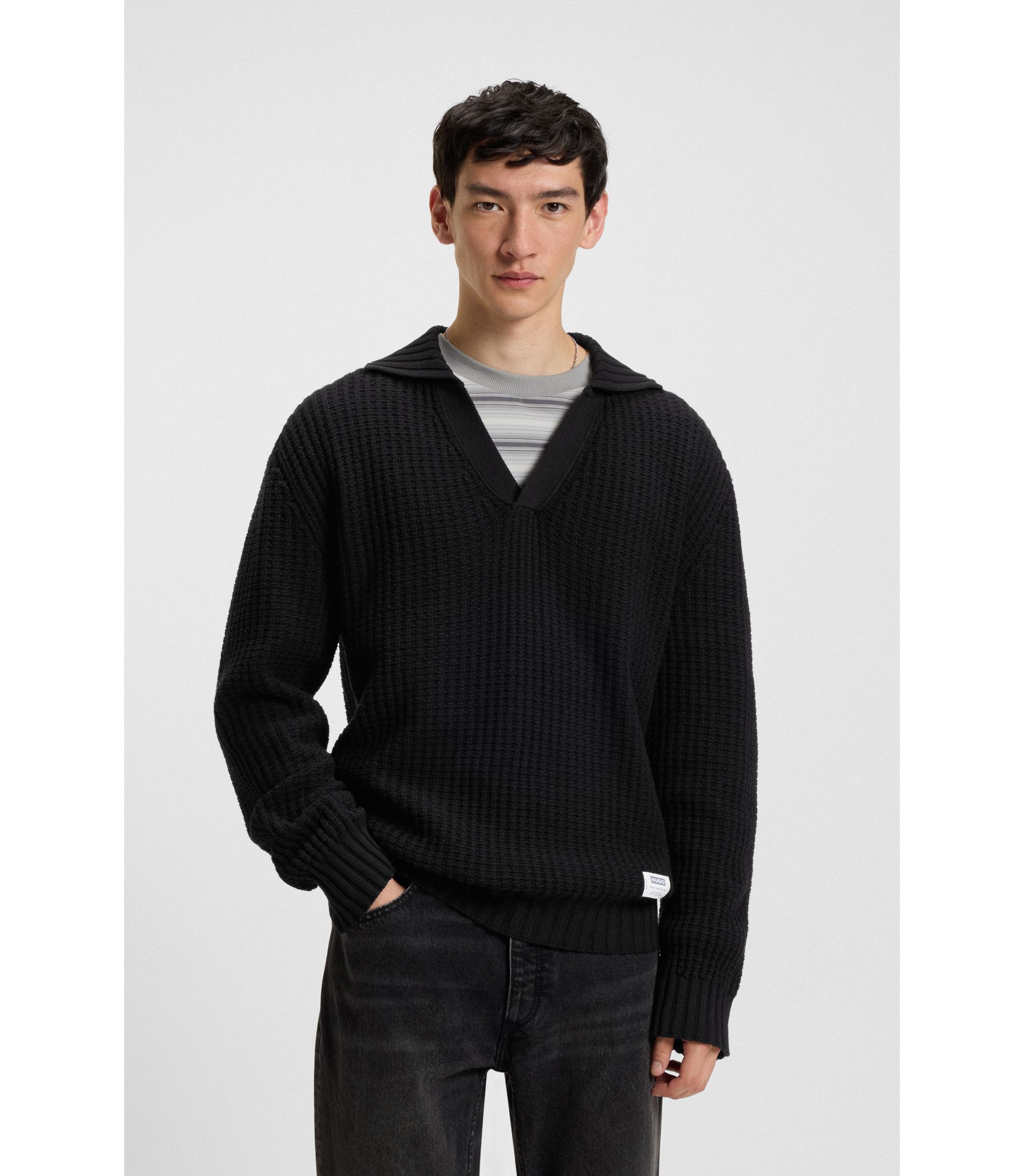 Oversized Pullover mit Waffelstruktur und Johnny-Kragen