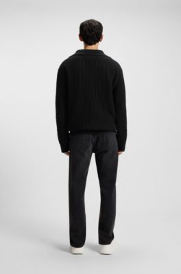 Oversized-fit waffle-structured sweater with Johnny collar, Black