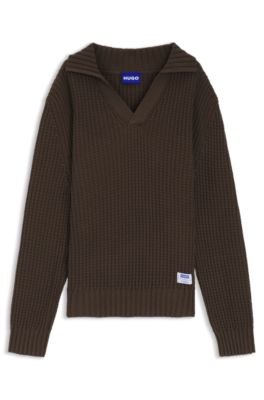 Oversize fit sweater med Johnny-krave og vaffeltekstur, M&oslash;rkebrun