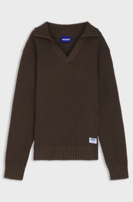 Oversized-fit waffle-structured sweater with Johnny collar, Dark Brown