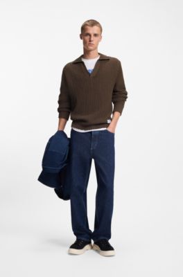 Oversized-fit waffle-structured sweater with Johnny collar, Dark Brown