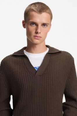 Oversized-fit waffle-structured sweater with Johnny collar, Dark Brown
