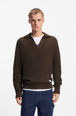 Oversized-fit waffle-structured sweater with Johnny collar, Dark Brown
