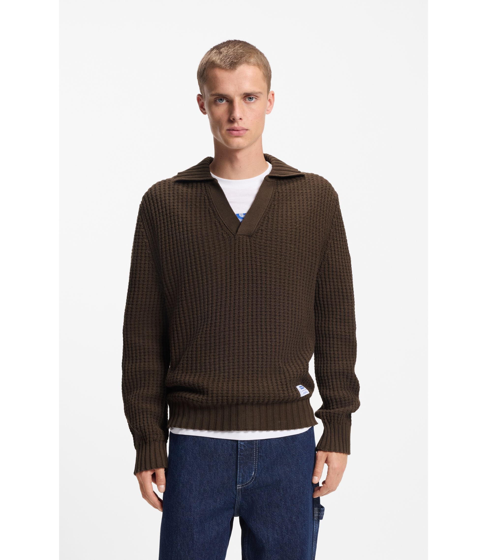 Oversized Pullover mit Waffelstruktur und Johnny-Kragen