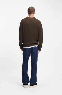 Oversized-fit waffle-structured sweater with Johnny collar, Dark Brown