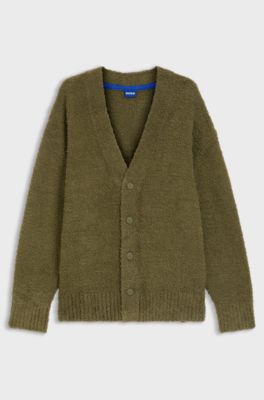 Oversized-fit cardigan with boucl&eacute; knit, Olive