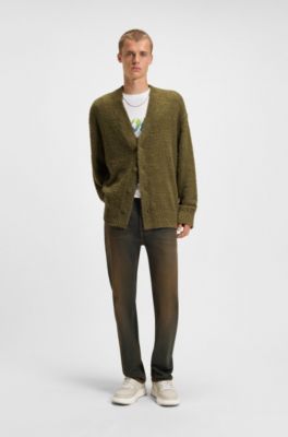 Oversized-fit cardigan with boucl&eacute; knit, Olive