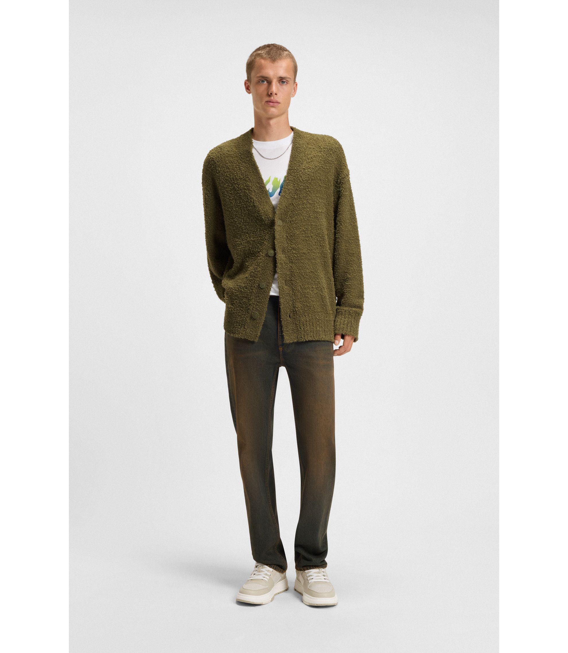 HUGO - Oversized-fit cardigan with bouclé knit - Olive