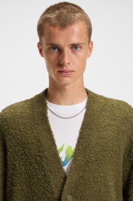 Oversized-fit cardigan with boucl&eacute; knit, Olive