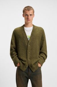 Oversized-fit cardigan with bouclé knit, Olive