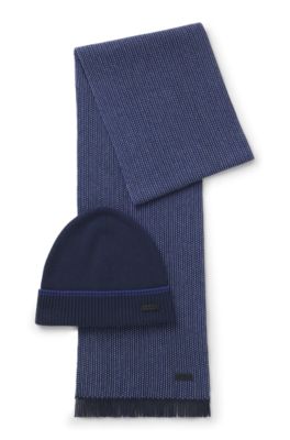 Knitted wool-cotton scarf and beanie hat gift set, Dark Blue