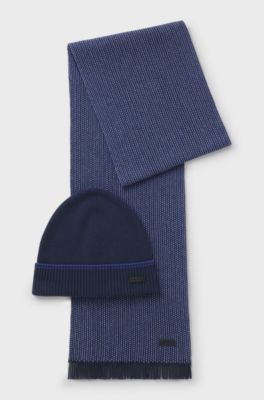 Knitted wool-cotton scarf and beanie hat gift set, Dark Blue